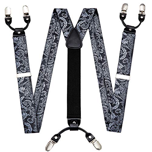 Image of Barry.Wang Men Suspender Set with Necktie Elastic Y Type Heavy Duty 6 Clips Braces Tie Handkerchief Cufflink Pin 6PCS