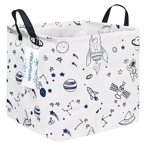 Image of LANGYASHAN Square Storage Baskets Waterproof Canvas Children Laundry Nursery Hamper for Shelves Gift Baskets Toy Organizer Room Decor (Square spaceship)