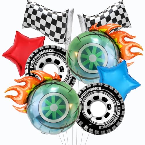 Flame Wheel Balloons/Hot Tire balloons/Race Car Party Decor/Black White Checkered Flag balloons for Monster Truck/Car Theme Parties/Birthday Decorations/Kids Celebrations 8pcs