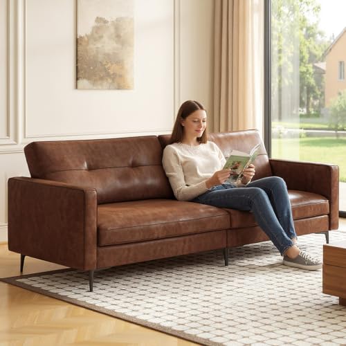 KAANAA 3-Sitzer Sofa Kunstleder, Vintage Couch Braun mit Knopfdesign