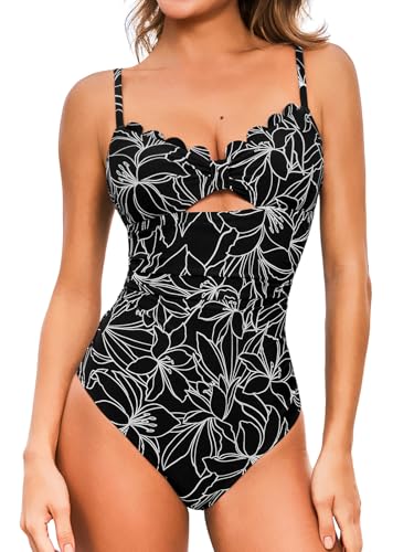 CUPSHE Women's One Piece Swimsuit Scalloped V Neck Tummy Control Bathing Suit Cutout Adjustable Straps, M Black Floral