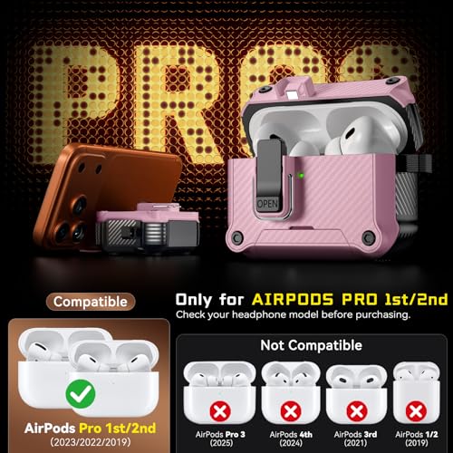 Image of Inesore for AirPods AirPods Pro 1st /2nd Case with Secure Lock (Pink) | Phone Stand Design,Compatible with MagSafe,Automatic Snap Switch Secure Cover Carbon Fiber Texture with Cleaner Kit