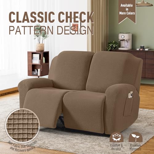 Image of TAOCOCO Recliner Loveseat Slipcover, 6 Pieces Dual Recliner Sofa Covers for 2 Seat Dual Reclining Loveseat Couch, Stretch Soft Jacquard Pattern Furniture Protector with Elasticity (Khaki)