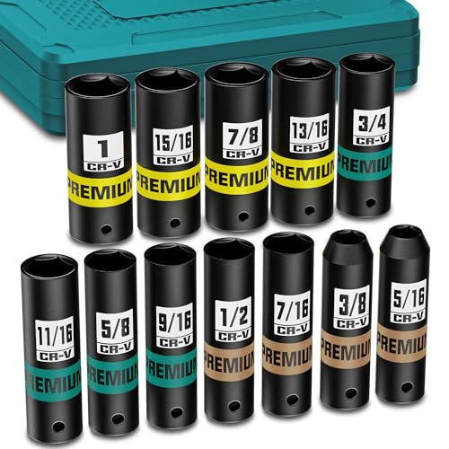 Image of 12-Piece 3 /8-Inch Drive SAE Impact Deep Socket Set, 5 /16 to 1 inch, CR-V, 6 Point, Heavy-Duty Sockets for Impact Wrenches, Automotive and Home