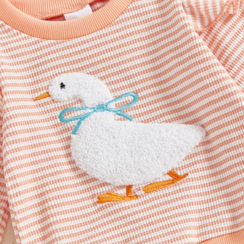 Toddler Baby Girl Clothes Goose Embroidery Sweatshirt Ruffle Long Sleeve Shirt Striped Pants 2 Piece Fall Outfit4