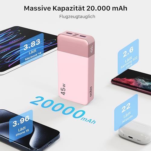 NOBIS Power Bank, Powerbank 20000mAh, 45W Externe Handyakkus Schnellladen, Externer Akku mit C zu C Kabel, Tragbares Ladegerät mit Digitalanzeige für Phone Android Laptop etc (Rosa) 3