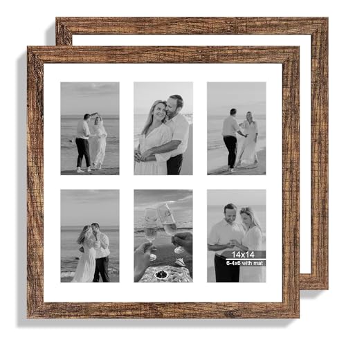 Hongkee 14x14 Picture Frame Set of 2 Rustic Brown with Glass Collage Frame Display Photo Six Opening 4x6 With Mat or 14 x 14 Without Mat - Horizontal or Vertical Wall Mounting