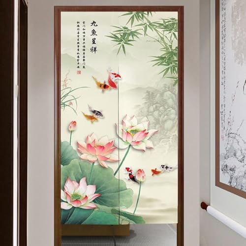 和式 ロング丈 のれん 厚手 蓮花 水墨風 中国風 つっぱり棒付き 暖簾 パーティション 目隠し 湯 北欧 オシャレ インテリア 出入り口 ドアカーテン 戸口カーテン 飾り 面白い モダン 可愛い 日除け 断熱 冷気遮断 防寒 防音 居酒屋 飲食店 玄関用