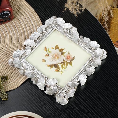 Vintage Silver 5x5 Picture Frame, Silver Frames Ornate Leaf Textured Hand-Crafted Resin with Glass Front, Antique Photo Frame for Tabletop Display, Retro Home Decor