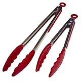 KevenAnna Premium quality Kitchen Tongs Stainless Steel Tongs, Silicone Cooking Utensils Set,set of 2,9-Inch & 12-Inch(Red)