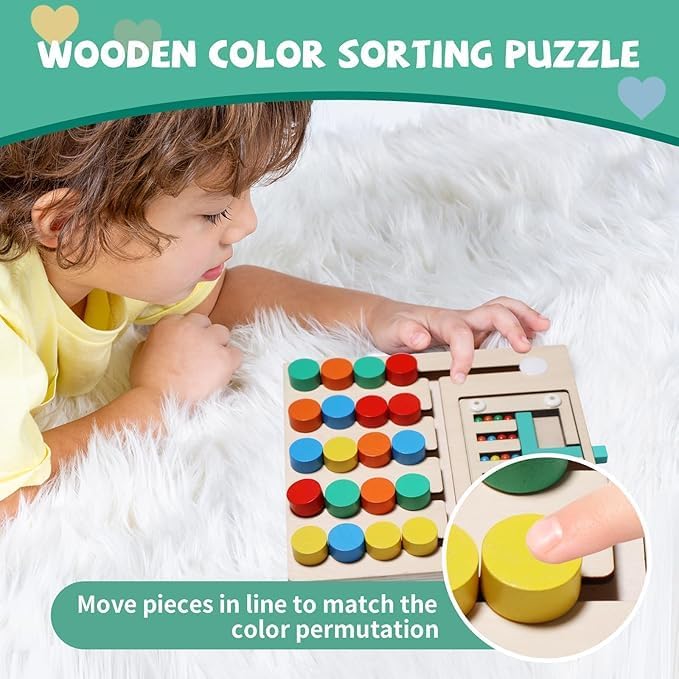 Image of Montessori Wooden Slide Puzzle for Kids 3-8 Years | 5-Color Sorter & Pattern Matching Educational Brain Teaser | Travel Activity Toy for Boys & Girls