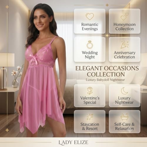 Image of Women Solid Net Lace Babydoll V-Neck Wedding Nighty Above Knee Lingerie S-3XL