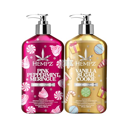 Hempz Holiday Body Lotion 2-Pack Pink Peppermint Meringue and Vanilla Frosted Sugar Cookie Moisturizer Fall and Winter Body Care Gift for Men & Women 17 oz Duo