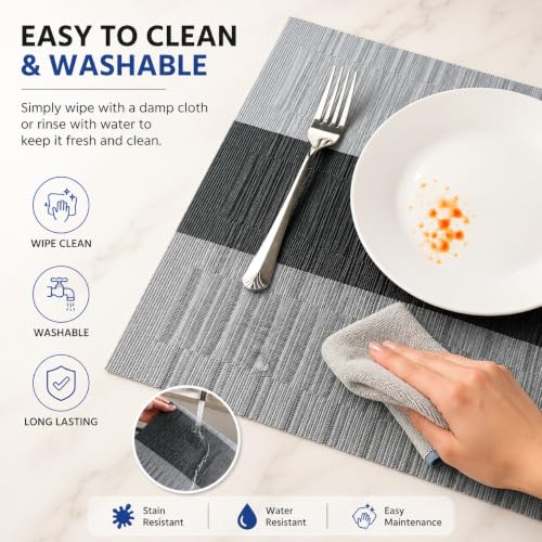 Image of OXSAM Placemats, Heat Insulation Non-Slip Vinyl mats, Stain-Resistant Tablemats for Home and cafe Dining Table Decor (Black & Gray, Pack of 8)