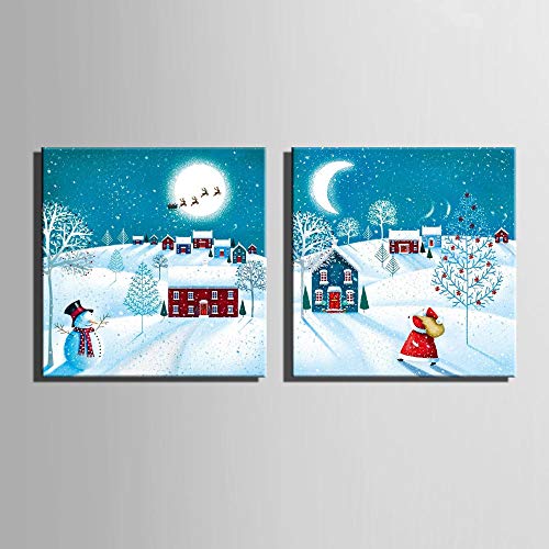 Pintura de lona de Navidad Decoración del hogar Árbol de Navidad Muñeco de nieve Pared para la habitación de los niños Imagen de la pared-50x50cmx2 piezas sin marco Cover