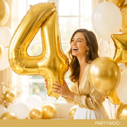 Image of PartyWoo Metallic Gold Number 4 Balloon 40 Inch 25pcs Gold Foil Star White