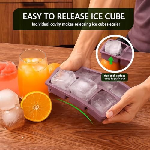 Image of 2PECK Silicone Ice Cube Tray with Lid, Large 6-Cavity Square Ice Cube Moulds for Freezer, Easy Release & Stackable Ice Trays for Whiskey, Cocktails, Coffee & Home Bar. (Light PURPEL)