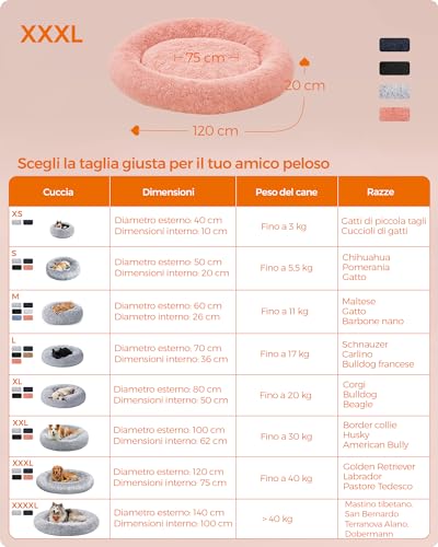 Feandrea Cuccia Cane Interno, Cuccia per Cani, Lettino per Animali Domestici a Ciambella, Cuscino Sfoderabile e Lavabile, Tappeto di Peluche, Diametro 120 cm, Rosa PGW043R01 - Immagine 5