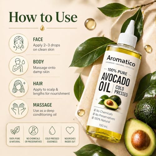 Image of AROMATICO Avocado Oil for Hair & Skin Care - Deep Nourishing Oil Rich in Vitamins for Hair Growth, Scalp Care & Intense Skin Hydration | Multipurpose Daily Use Oil - 100ml