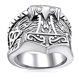 FaithHeart Norse Viking Jewelry - Anillo de acero inoxidable para hombre con cabeza de lobo y martillo, diseño gótico de Valknut Warrior, grabado personalizado, Acero inoxidable, circonita,