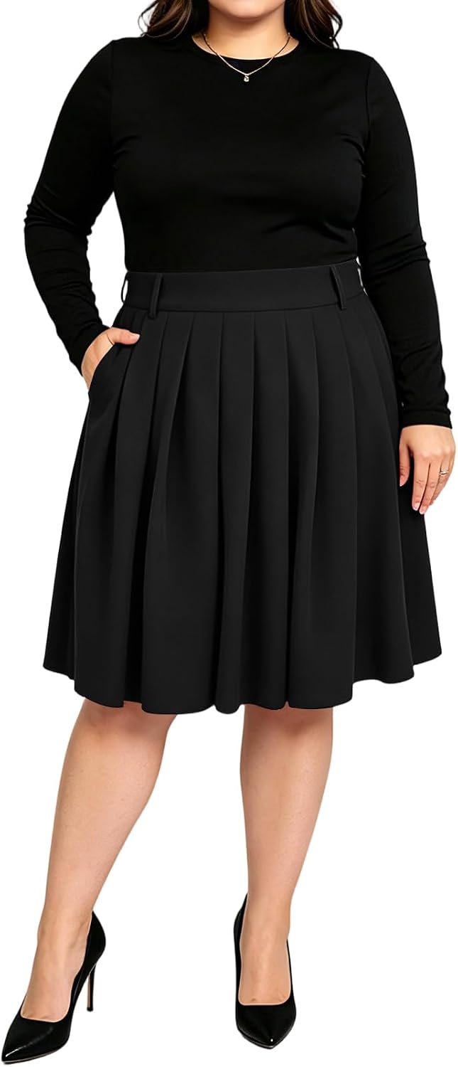 Moon Wood Women's Plus Size Pleated Skirt Midi Length High Waist Skirts A-Line Vintage Skirt with Pockets