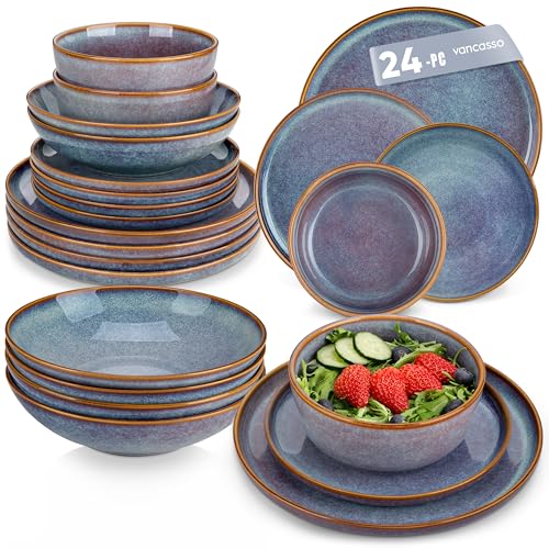 vancasso Playa Dinner Sets for 6 People, 24 Pieces Stoneware Plates and Bowls Set, Scratch Resistant Dinnerware Sets for Everyday Dining, Dishwasher and Microwave Safe, Lavender Blue