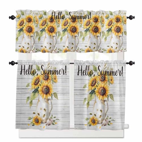 Sunflower Kitchen Curtains 36 Inch Length,3 Piece Rod Pocket Small Half Tiers and Valance Set,Summer Bee Wildflower Vintage Grey Wood Grain Small Large Window Treatment Decor for Bedroom/Bathroom