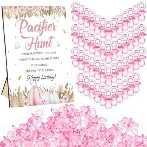 Image of Thyle 51 Pcs Boho Pink Pumpkin Pacifier Hunt Fall Little Pumpkin Baby Shower Games Include Hunt Sign and 50 Acrylic Pacifiers for Baby Shower Decoration Gift Sets Gender Reveal Autumn Party Decor