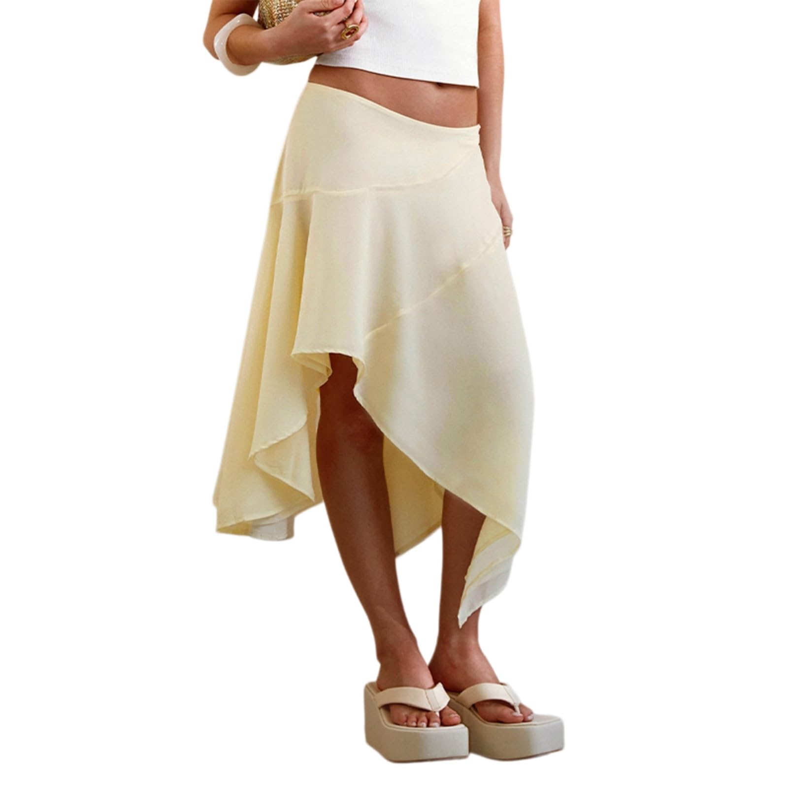 Minigonna Alta Vita Donne Asimmetrica Hem Midi Gonna Ruffle A-Line Fluid Elegante Casual Vacanze Estive Stile Chic-Emerald Green-l