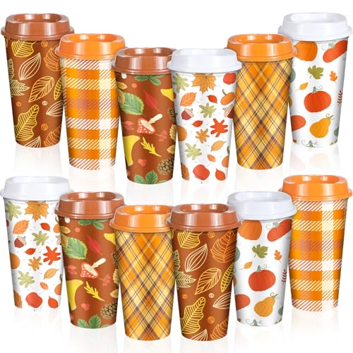 12 Pack Fall Reusable Coffee Cups with Lid 16 oz Autumn Tumblers Cups Thanksgiving Fall Thank You Gifts for Women Pumpkin Maple Leaves Plastic Travel Coffee Mug for Hot and Cold Drinks Tea Juice