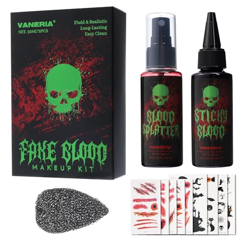 VANERIA Halloween Kunstblut Set Realistisch & Abwaschbar Fake Blood 50ml Kunstblut Spray 50ml Tropfendes Kunstblut Schwamm 4 Fake-Narben & 4 Leucht-Tattoos für Zombies Vampire Cosplay