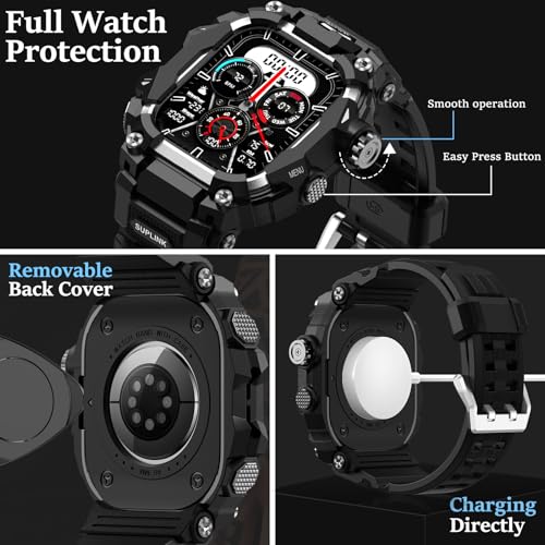 SUPLINK Rugged Case with Band for 45mm Apple Watch Bands for Men, Compatible with Apple Watch Series 9/8/7 Band, Enhanced Protective Bumper Cover for iWatch Bands Men (Silver) — view 4