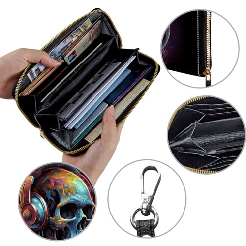 Image of Women's Wallets,Credit Card Holder Money Leather Long Wallet with Wristlet,Large Capacity with Zip-Around Phone Purse for Women Ladies Girls,Skull with Headphones