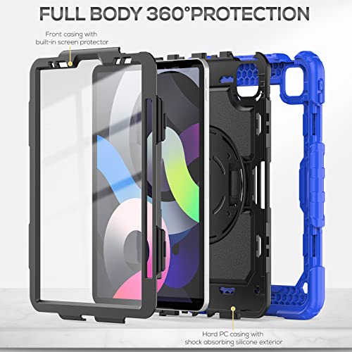 Seymac Ipad Air 5Th/ 4Th Generation Case 10.9 Inch, Full-Body Shockproof Heavy Duty Protective Case With Screen Protector, 360° Rotating Stand/Hand/Shoulder Strap For Ipad Air 5/ Air 4, Blue #TOP5