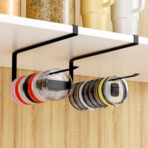 Quehun 2 PCS Tumbler Lid Organizers, Ample Lid Capacity Up to 30 Lids, No Adhesive No Drill Yeti Lid Organizer Holder Inside Cabinet, Space-Saving Stanley Tumbler Cup Lid Holder Organizer for Kitchen