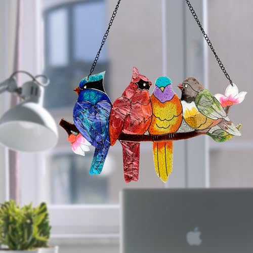 Image of DASTOLL Stained Glass Window Hanging - Large Suncatcher Stained Glass Birds on Branch, Sun Catchers for Indoor Window Doors Room Home Decoration Hummingbird Gifts for Bird Lovers