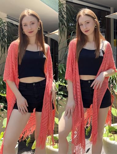 Image of HOTOUCH Womens Knit Cardigan Open Front Outwear Hollow Out Crochet Tassel Lightweight Kimonos Sweater S-XXL