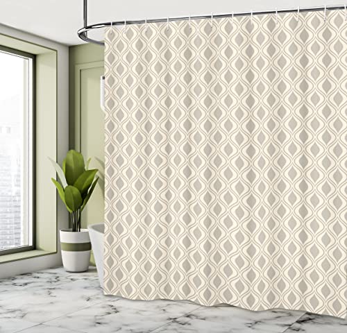 ABAKUHAUS Retro Shower Curtain, Abstract Ornament with Vertical Wavy Lines Curvy Old Fashioned Geometrical Tile, Cloth Fabric Bathroom Decor Set with Hooks, 86 Inches Extra Long, Taupe and Beige - Image 4