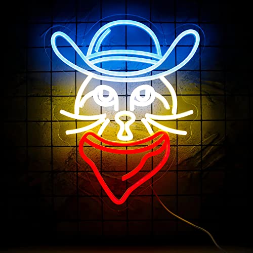 Image of Cowboy Scarf Cat Neon Sign, LED Lights for Wall Decor, Bedroom Art, Lover Gifts, Night Light Custom USB Powered for Party, Man Cave, Gift for Kids Girl Boy (15.1*12.5)