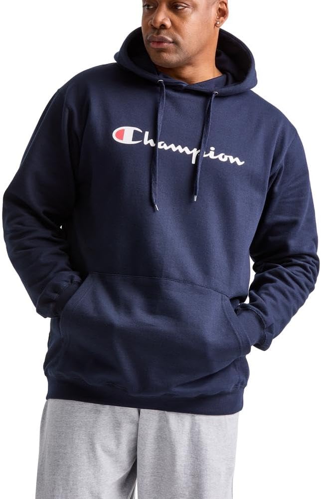 Champion Men's Hoodie, Powerblend, Fleece, Comfortable Sweatshirt for Men (Reg. Or Big & Tall) Standard Medium Navy Script