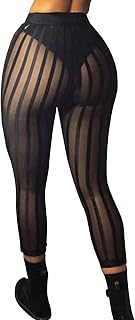 Loalirando Damen Sexy Mesh See Through Gestreifte Leggings Hohe Taille Slim Fit Lange Hose Stretchy Strumpfhosen Strümpfe Bikini Unterteil Cover Up Hose