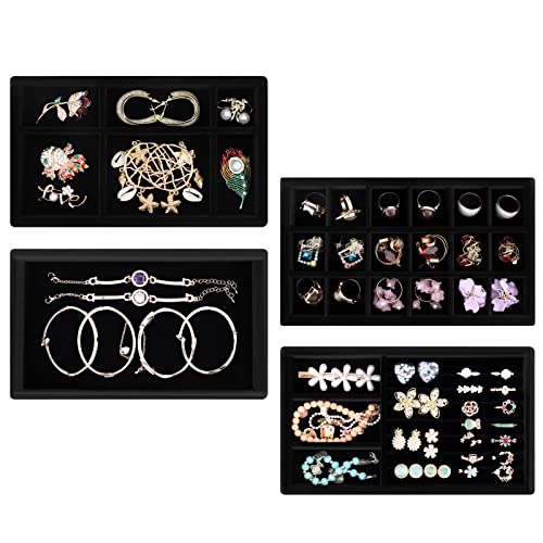 Casiwaft Lot de 4 Plateaux à Bijoux, Organisateur Rangement Bijoux Tiroir en Velours pour Boucles D'oreilles, Bagues, Colliers, Bracelets, Velours Empilable Tiroir à Bijoux Organisateur Plateau, Noir