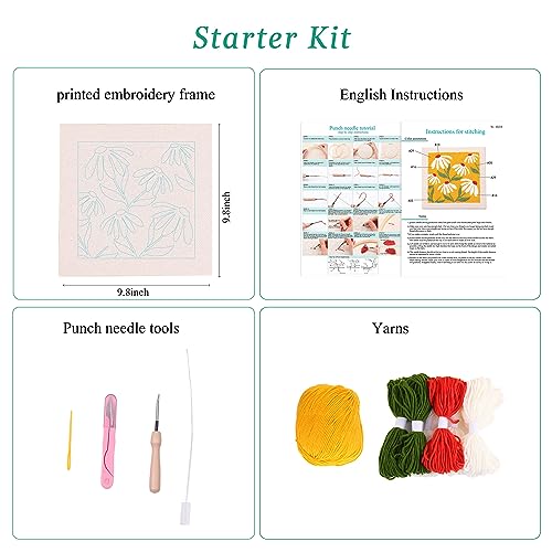 Image of Embroidery Punch Needle kit Frame, Embroidery Starter Kits for Beginner Kids,Punch Needle Fabric with Pattern,Threader, Yarns,Embroidery Hoops & Rug Punch (Yellow)