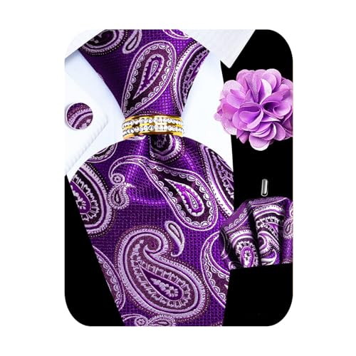 Image of 5PCS Mens Silk Designer Tie, Pocket Square, Cufflinks, Drilled Tie Ring and Lapel Pin Set for Wedding Groom Party