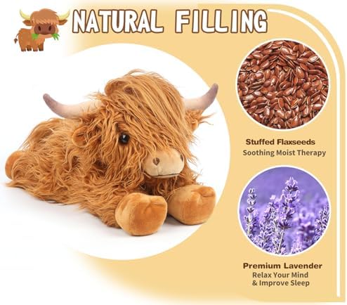 Highland Cow Stuffed Animals, Microwavable Stuffed Animal Adorable Fluffy Cow Plush for Warmth Comfort, Heatable Coolable Lavender Scent Cow Toys, Cute Soft Plushie Highland Cattle Gift for Kids Adult - 3