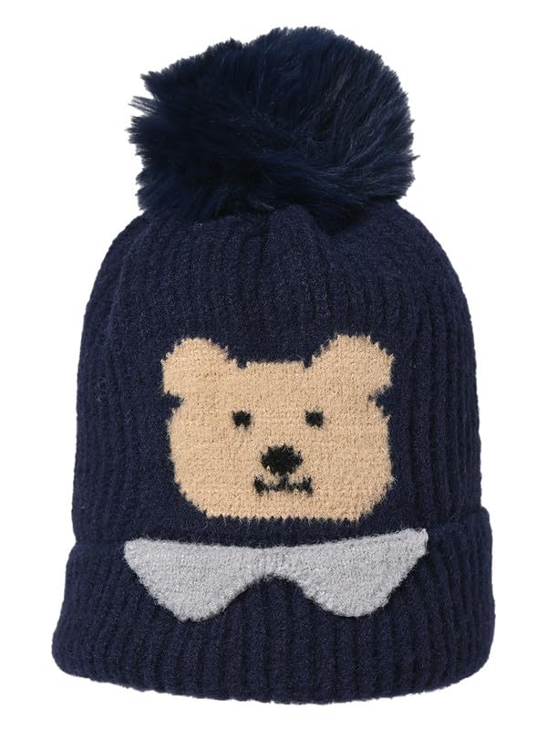 Bear Patch Ribbed Cap for Babies, Eye-catching Design, Stay Cozy and Express Your Personality, Perfect Blend of Fashion for The Winter Season - Dark Blue