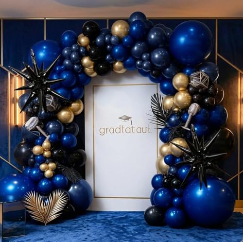 Image of Navy Blue Black Gold Balloon Arch Kit - Double Stuffed Dark Royal Blue Matte Black Balloon Garland with Metallic Gold for 2026 Graduation Men's Birthday Anniversary Wedding Prom Decoration