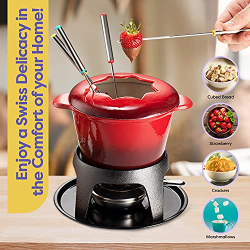 Klee 12Piece Cast Iron Fondue Set with Red Fondue Pot, 6 Fondue Forks