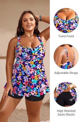 Image of Aqua Eve Women Plus Size Tankini Swimsuit Two Piece Flowy Swimdress Bathing Suits with Shorts