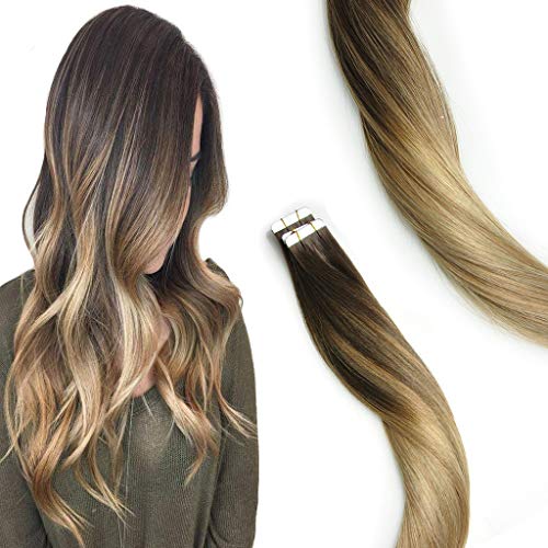 KOCONI 24 Inch Tape in Hair Extensions Remy Human Hair Extension Tape Ombre Invisible Dark Roots Tape in Extensions Color #4 Brown Fading to #10 and #16 50g Per Package, (T4-10) P(4-16))